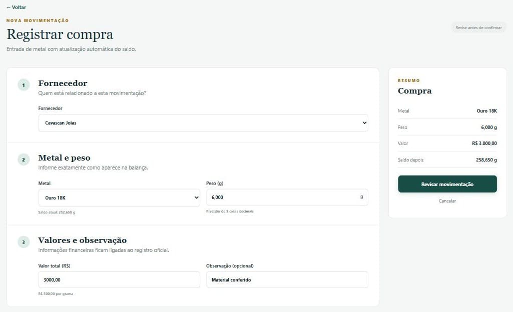 Tela Registrar compra da Decimma com fornecedor, metal, peso, valor total e resumo do lançamento